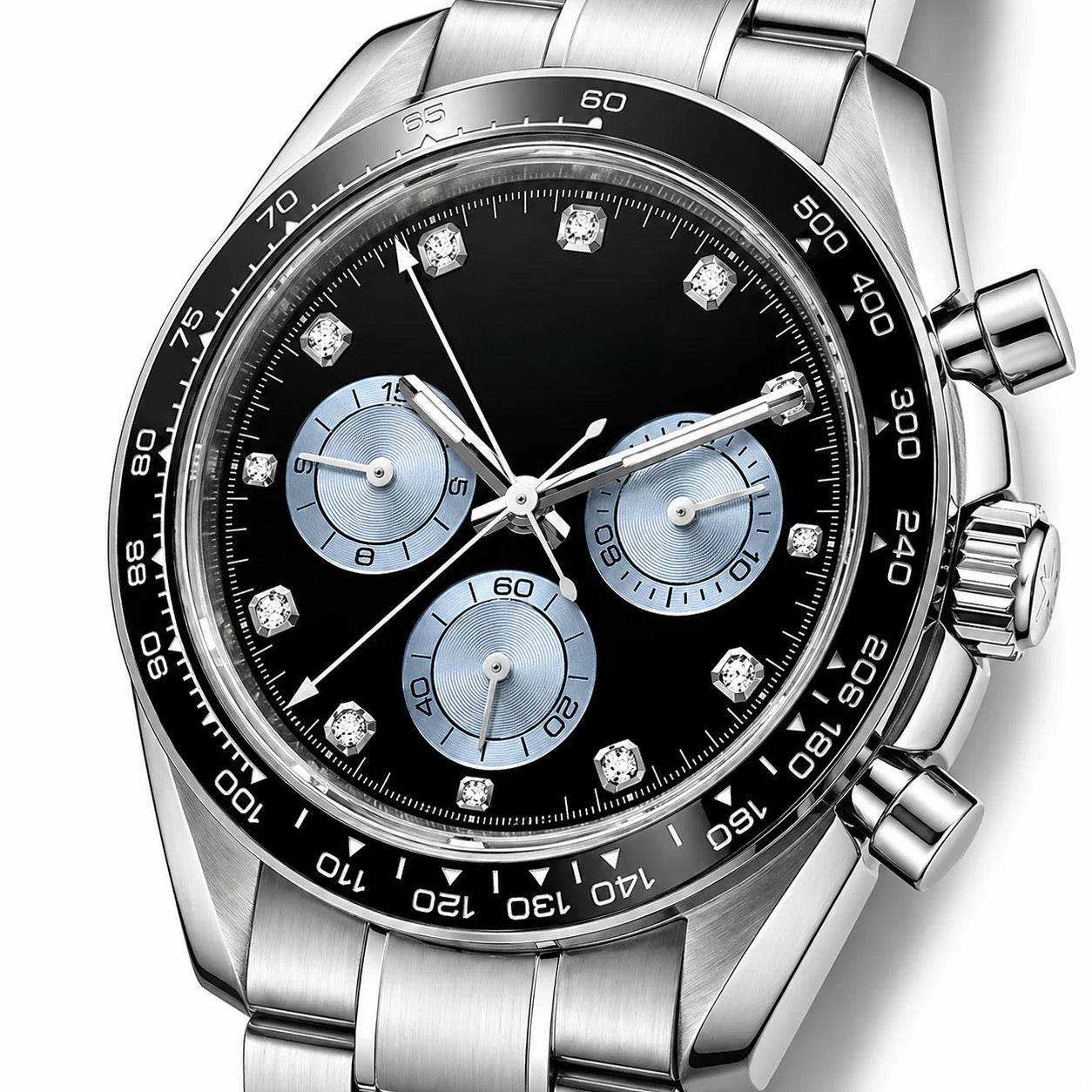 Shiny Silver Black Blue Dial