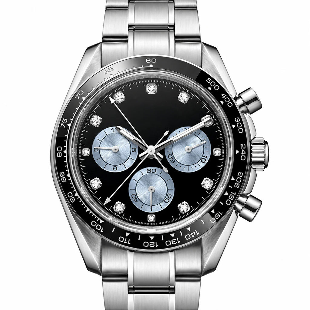 Shiny Silver Black Blue Dial