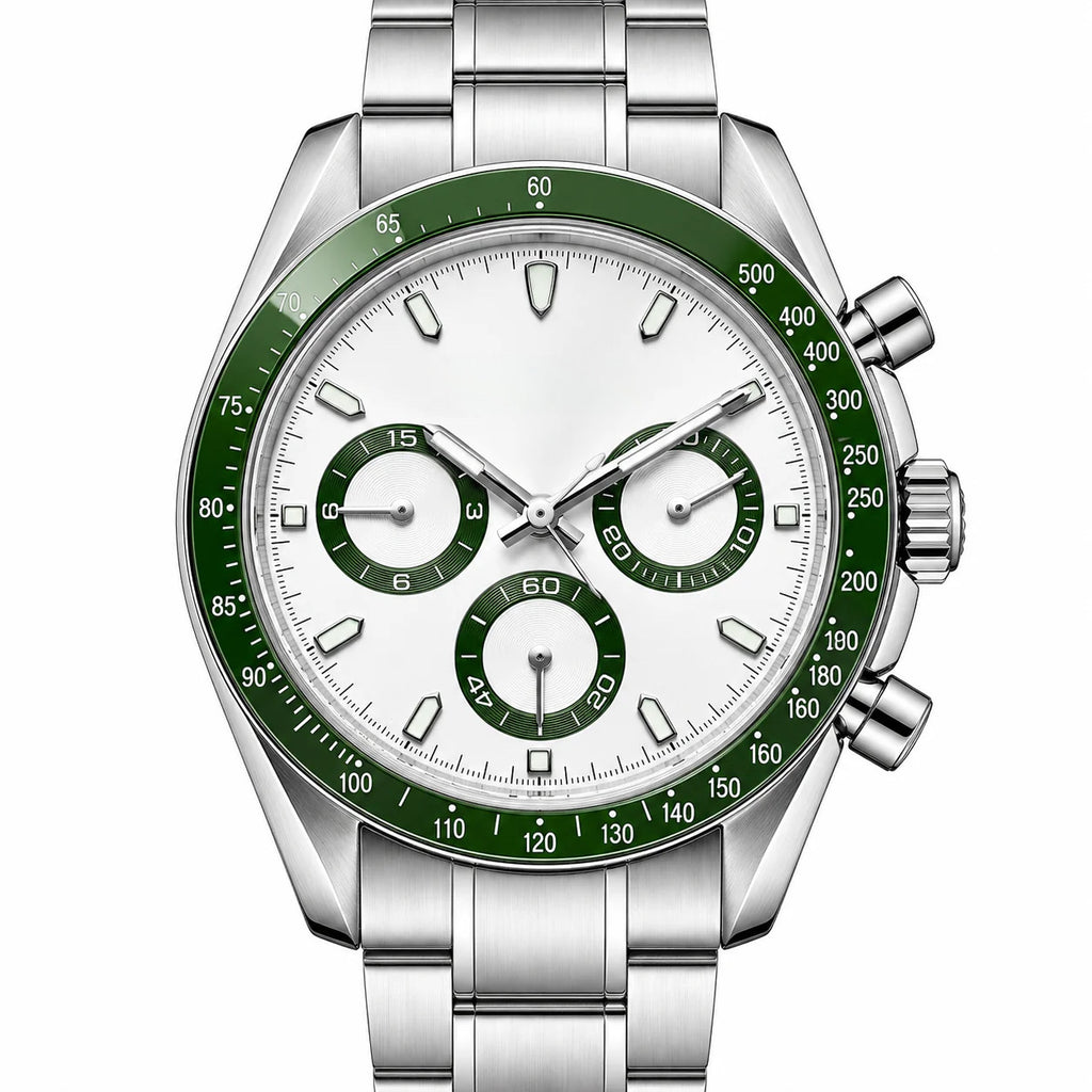 Chrono Silver Green White Dial