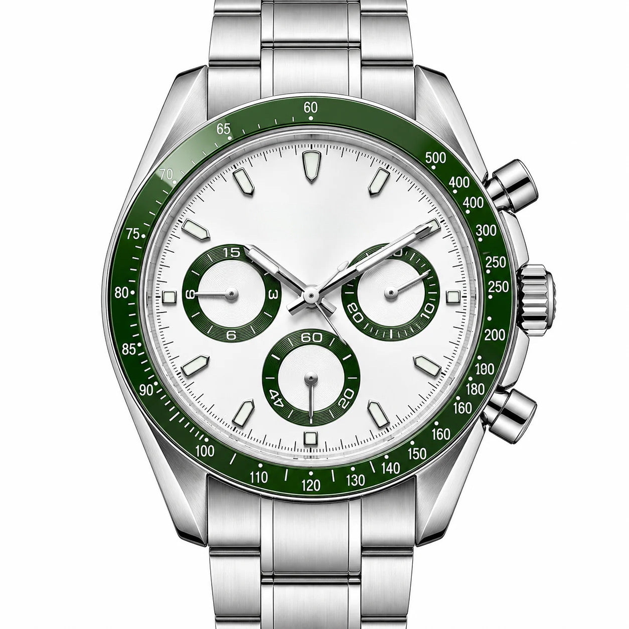 Chrono Silver Green White Dial