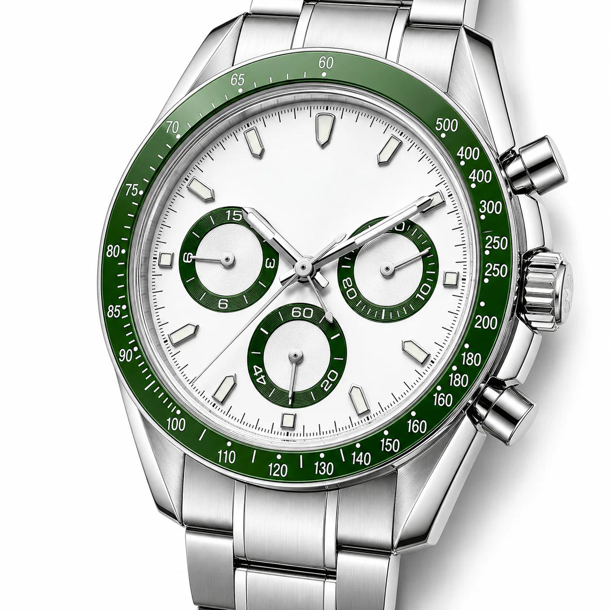Chrono Silver Green White Dial